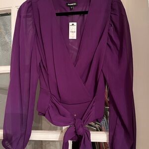 Express Purple Wrap Blouse with Tie Front and V-Neckline